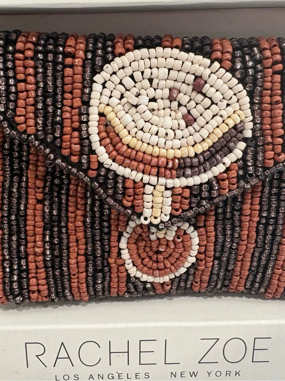 NIB Rachel Zoe Beaded Mini Card Case & Charm - Cappuccino Motif